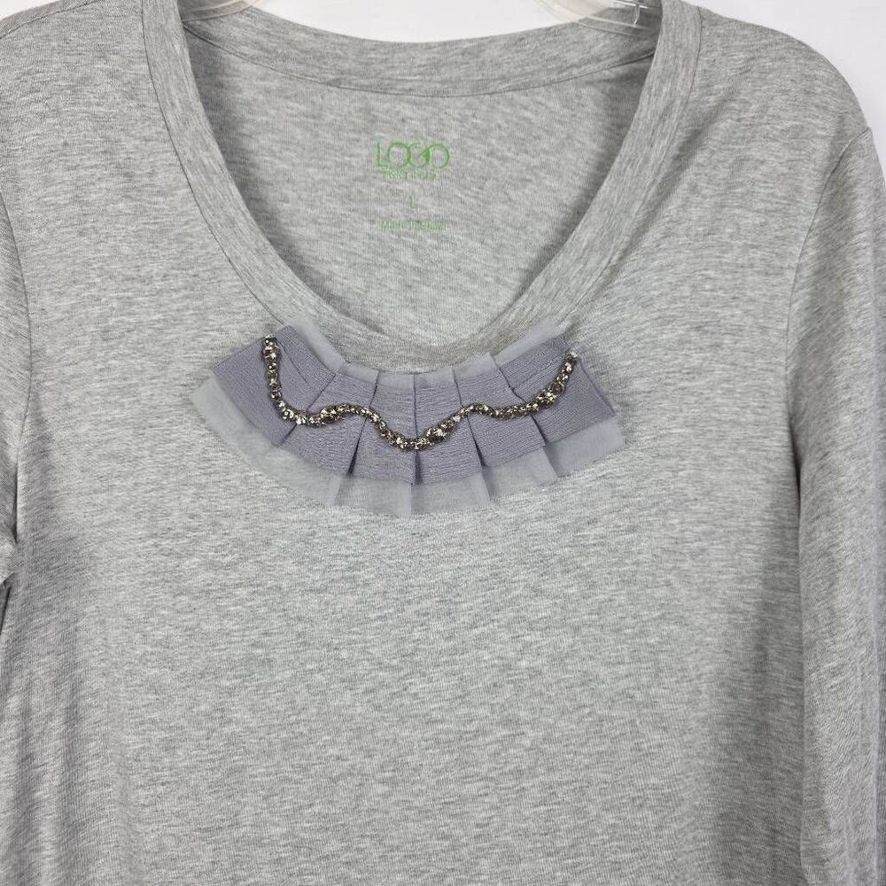 LOGO Instant Chic L Gray Ruffle Rhinestone 3/4 Sleeve Top - Picture 3 of 7
